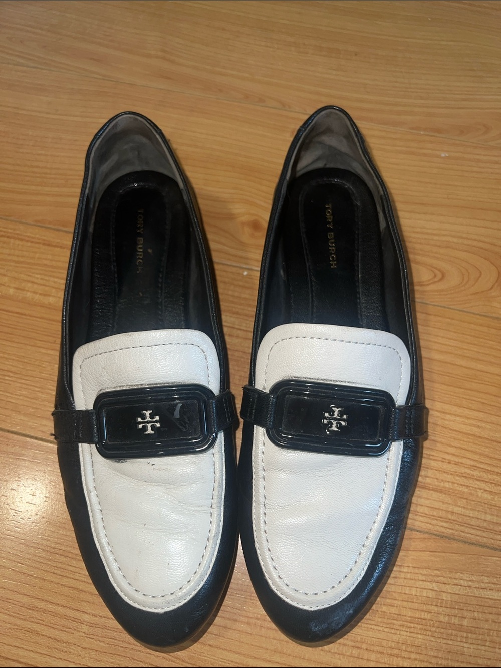 Women’s Tory Burch Black and White  Loafers with Logo Buckle
